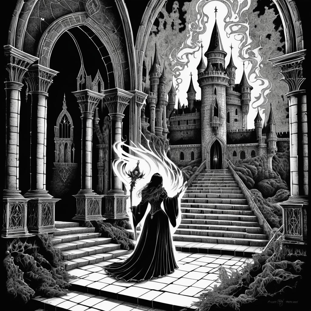 Mystical Sorceress in Haunted Castle Scene