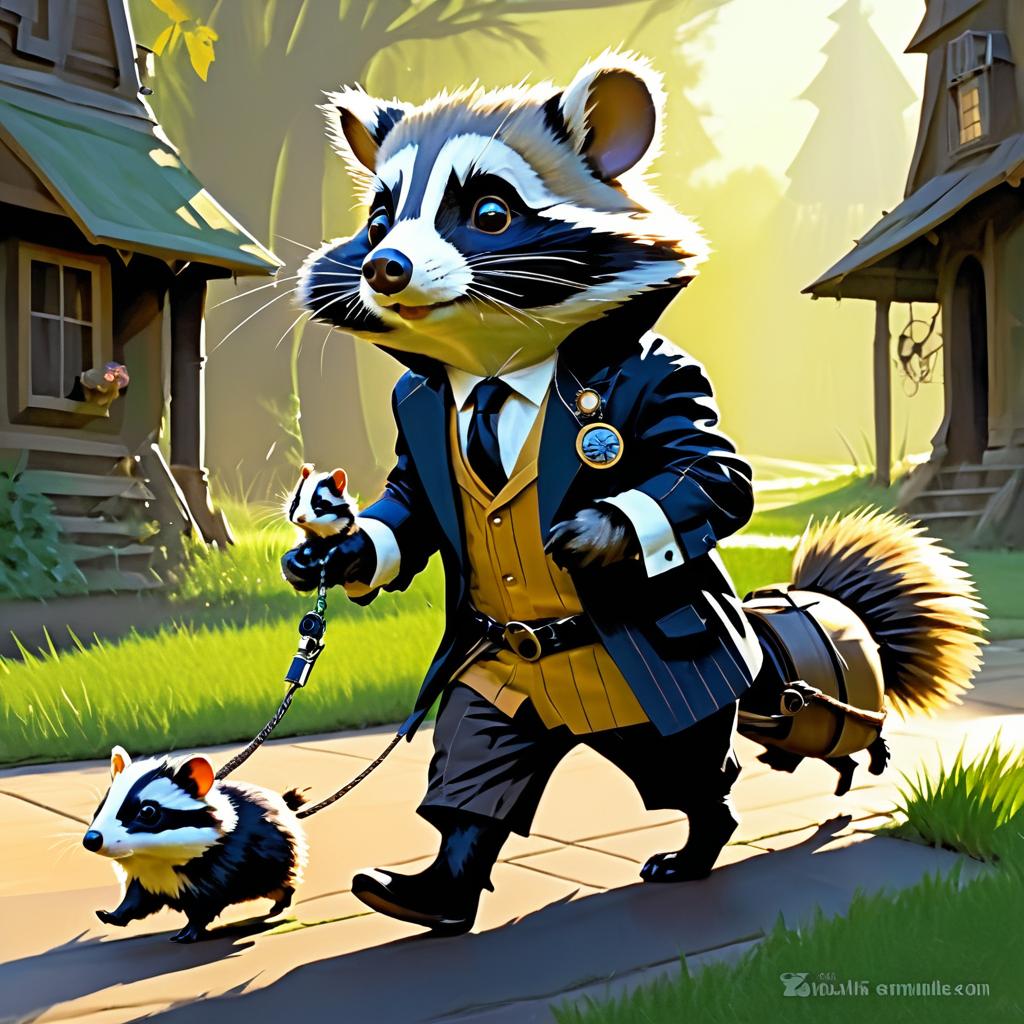 Raccoon Walking Guinea Pig on Leash