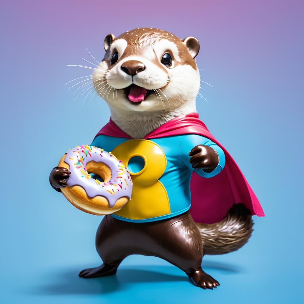 Whimsical Superhero Otter Enjoying a Donut