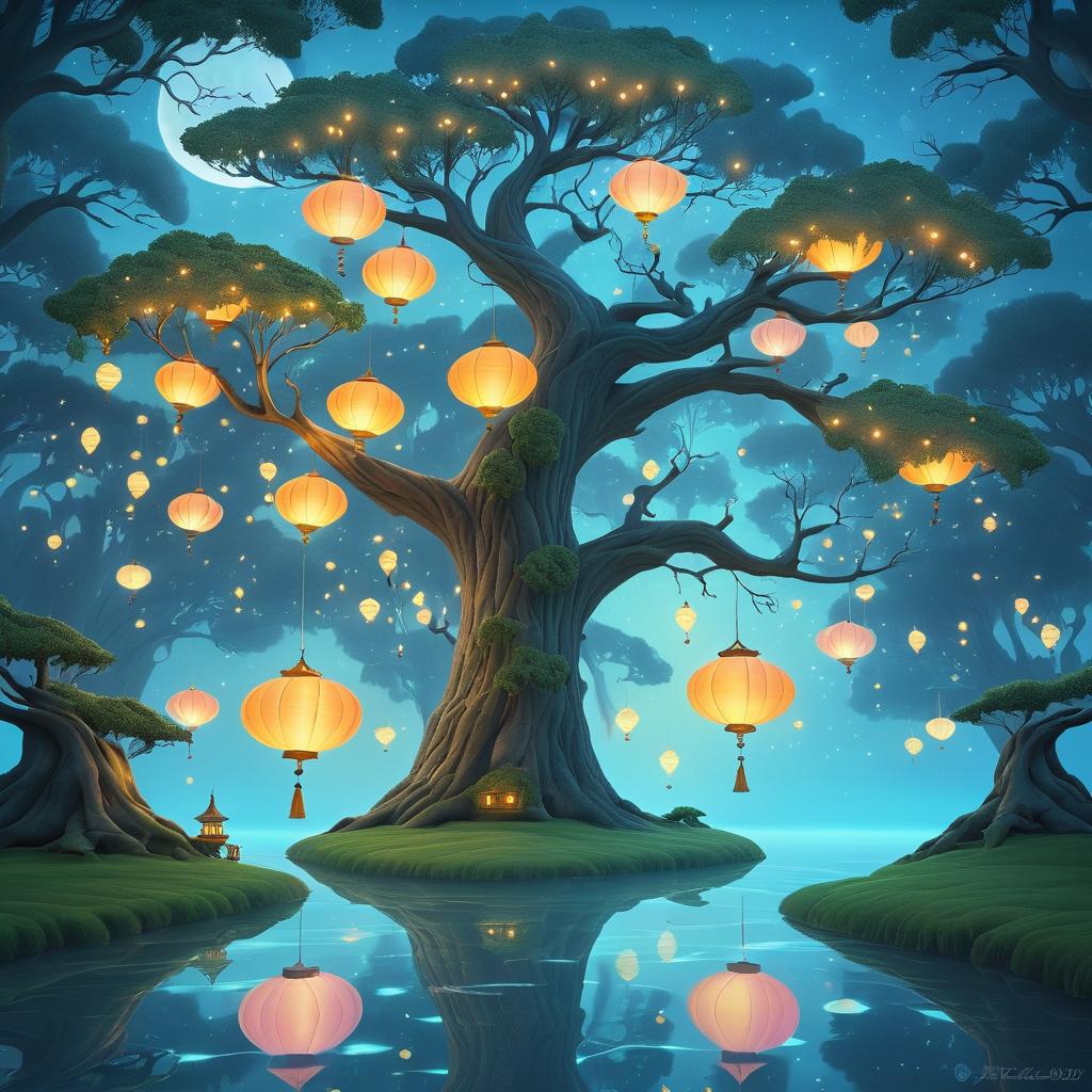 Whimsical Giant Tree with Floating Lanterns