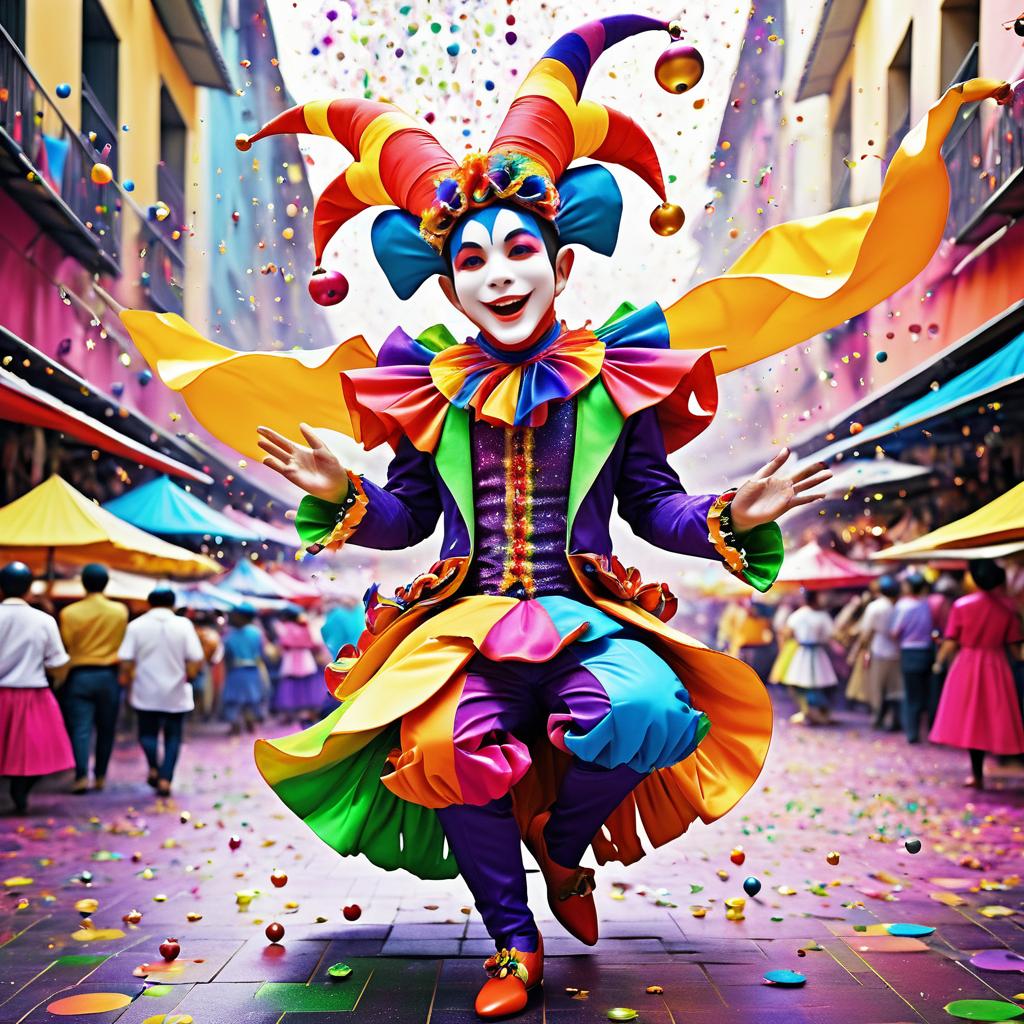 Vibrant Jester in a Colorful Market