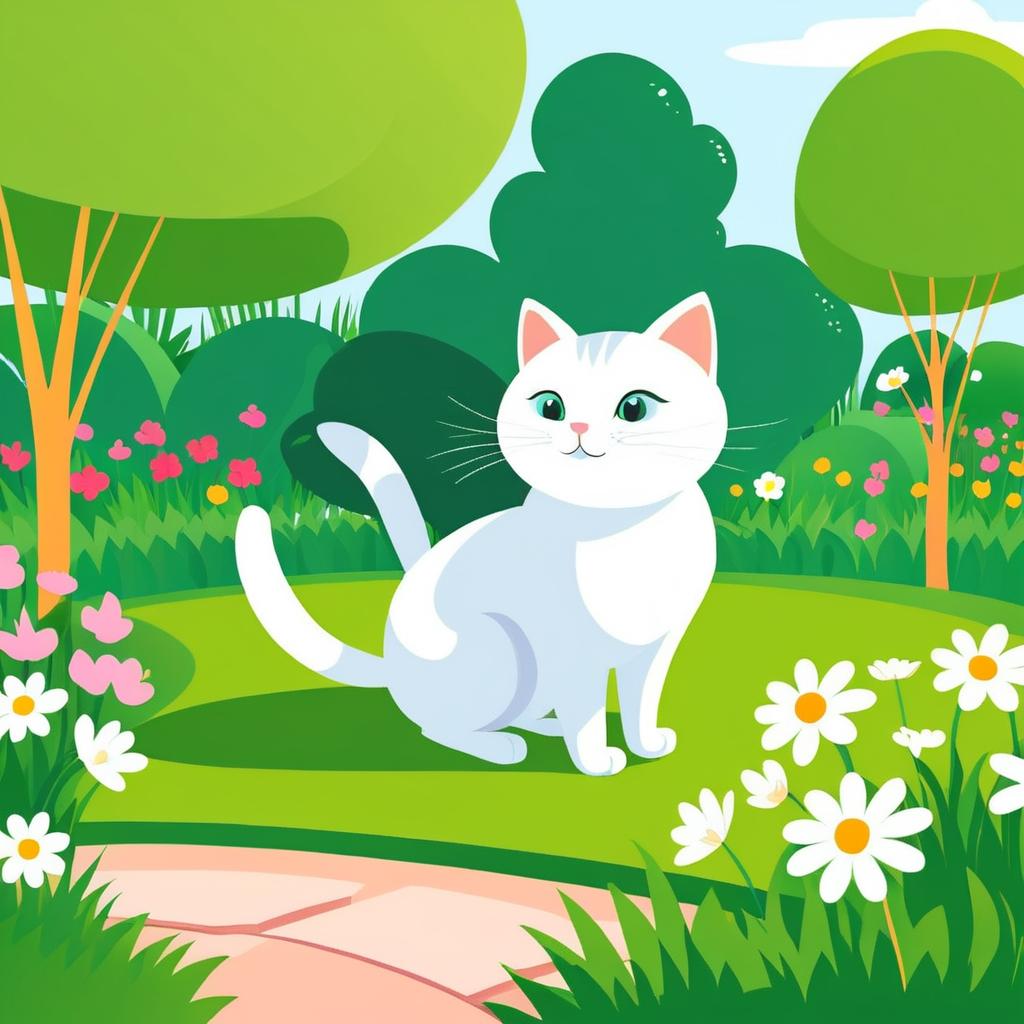 Colorful Cartoon Cat in Garden Scene