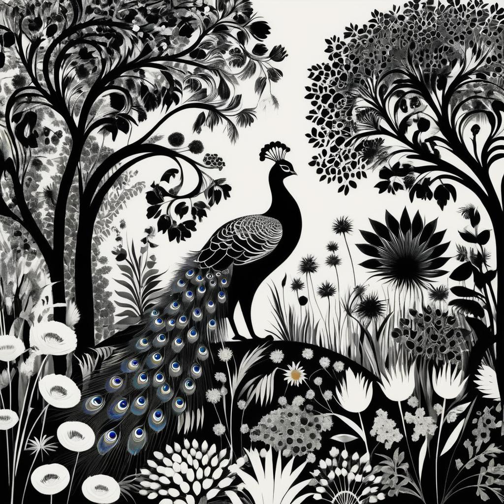 Surreal Monochrome Peacock and Nature Scene