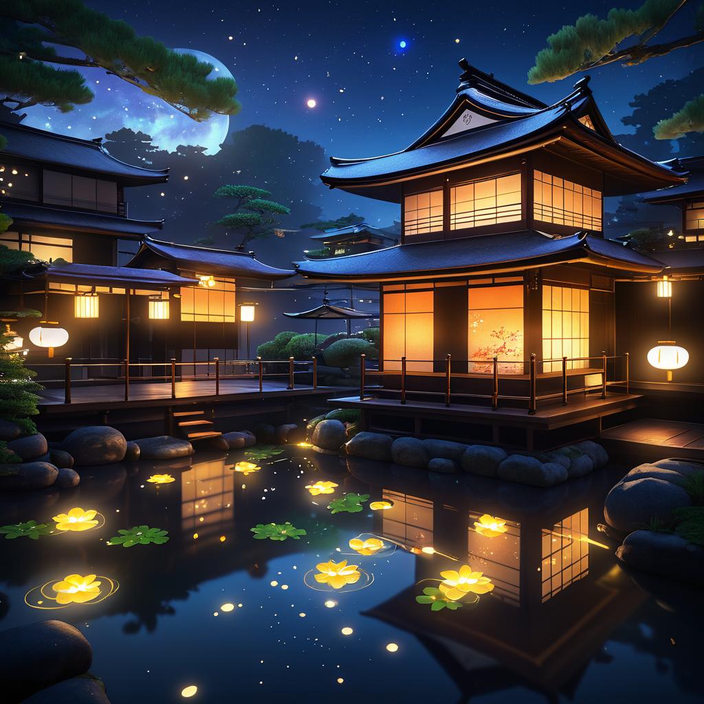 Cozy Nighttime Onsen with Glowing Fireflies