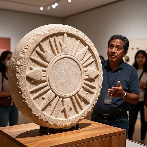 Photograph of an elderly Hispanic man in a blue shirt explaining an ancient, circular, sun-like stone artifact on display in a museum.