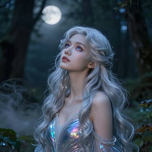 Photorealistic digital artwork of a fair-skinned, silver-haired woman with shimmering blue eyes, wearing a reflective, iridescent dress, g