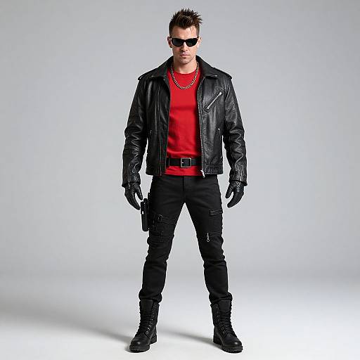 Photograph of a man in a red shirt, black leather jacket, black pants, gloves, and boots, standing confidently against a plain white background.