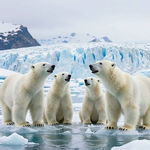 Photograph of five polar bears standing on icy water, with snow-covered icebergs and a cloudy sky in the background.