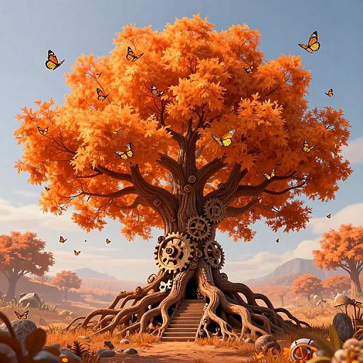 Whimsical digital artwork of an orange-leaved tree with large gears at its base, surrounded by fluttering butterflies, set in a vibrant, sunny