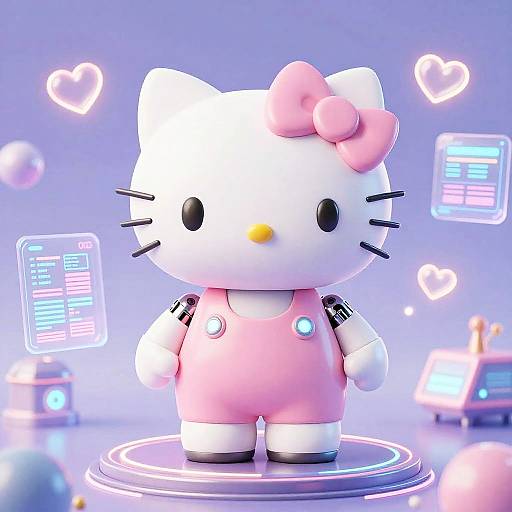 Digital CGI of Hello Kitty in a pink jumpsuit, white arms, black whiskers, pink bow, neon hearts, and glowing screens.