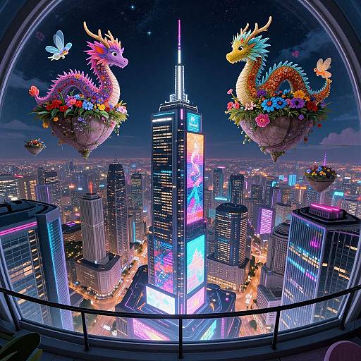 Digital artwork: Two vibrant, dragon-shaped flower pots with colorful flowers hover above a neon-lit, futuristic cityscape with a central skyscraper, viewed