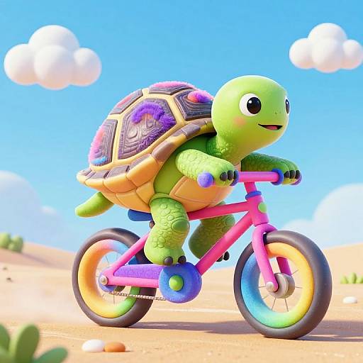 CGI image of a cute, green cartoon turtle with a colorful shell riding a pink bicycle in a bright, sunny desert with blue sky and white clouds