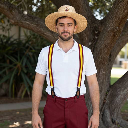 Photograph of a bearded man with light skin, wearing a straw hat, white shirt, red pants, yellow and black suspenders, standing outdoors