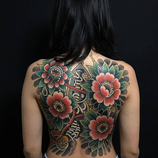Photograph of a person with long black hair, back facing camera, showcasing vibrant, detailed tattoo of red flowers and key on their back against a black