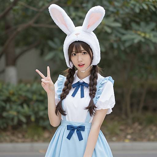 Photograph of an Asian woman with long braids, wearing a white bunny ears hat, blue dress with white puffy sleeves, blue bow, and
