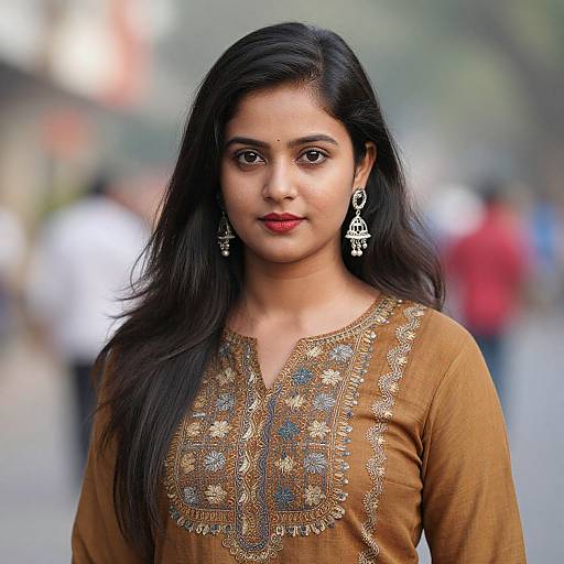 Photograph of a young Indian woman with long black hair, wearing a brown embroidered traditional top, red lipstick, and ornate silver earrings, standing in