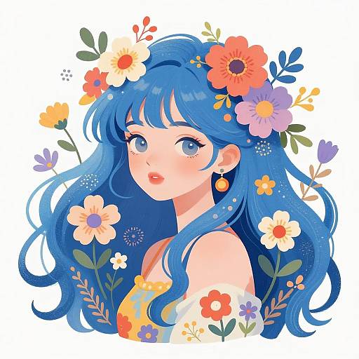 Whimsical Woman with Flowing Blue Hair