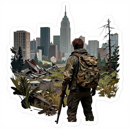 Digital art of a soldier with a backpack, rifle, and camo jacket, standing in a ruined urban landscape, facing a distant city skyline.