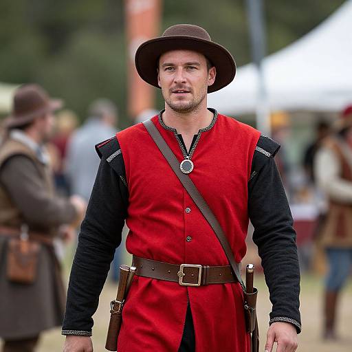 Photograph of a handsome man in a red medieval-style vest, black shirt, brown hat, and belt, standing outdoors at a historical reenact