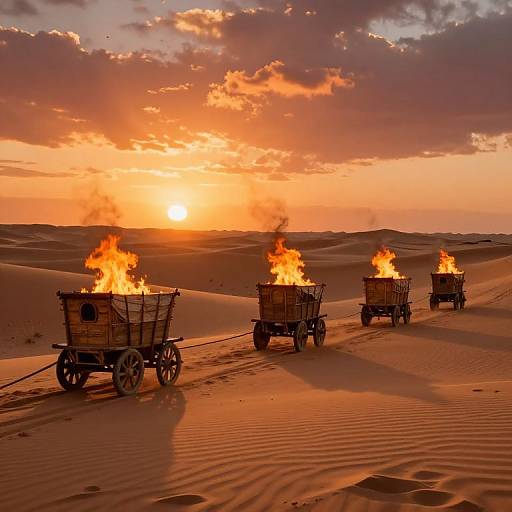 Photograph of four wooden carts with bright fires, pulled through a golden-orange sunset desert with rolling sand dunes.