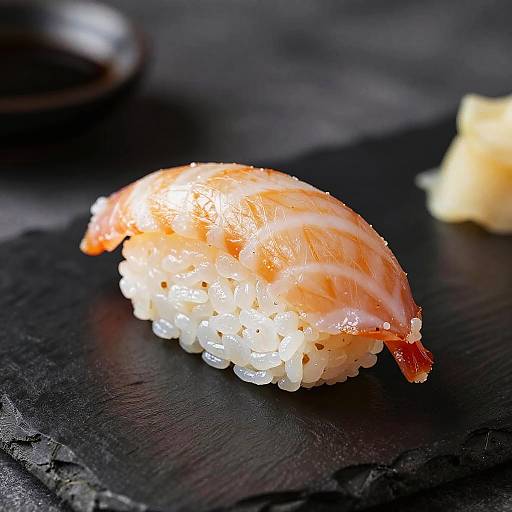 Close-up photograph of a glistening, orange salmon sushi roll with white rice, resting on a dark, textured slate plate.