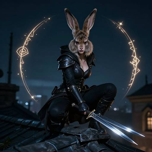 Photorealistic digital art: Anthropomorphic rabbit warrior in black armor, holding glowing sword, crouching on rooftop at night. Glowing runes circle