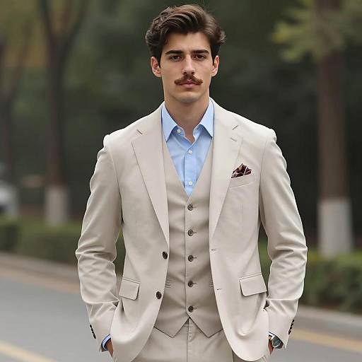 Young Man in Light Beige Suit Outdoors