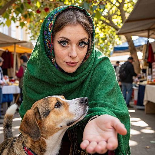 Photograph of a young woman with fair skin, green headscarf, blue eyes, and long brown hair, reaching out to a small, brown