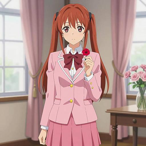 Anime Girl in Pink School Uniform Holding Red Flower