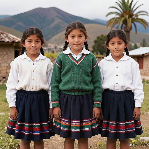 Photograph of three young girls standing outdoors; two in white shirts and black skirts, one in green sweater and black skirt, mountainous background with palm