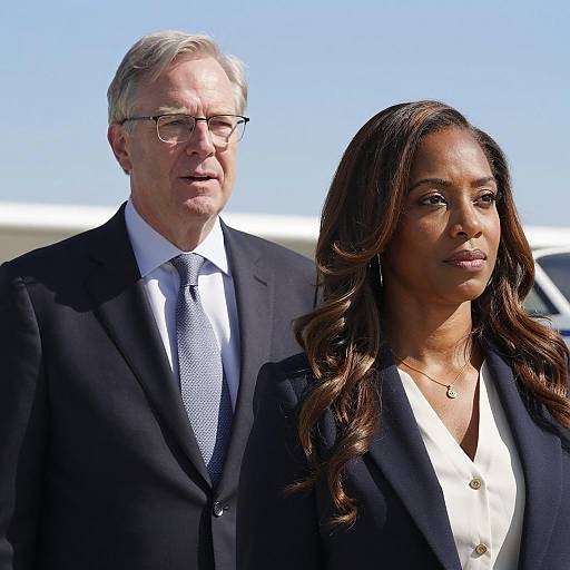 Photograph of an older white man with gray hair and glasses in a black suit, standing beside a younger Black woman with long wavy hair, wearing