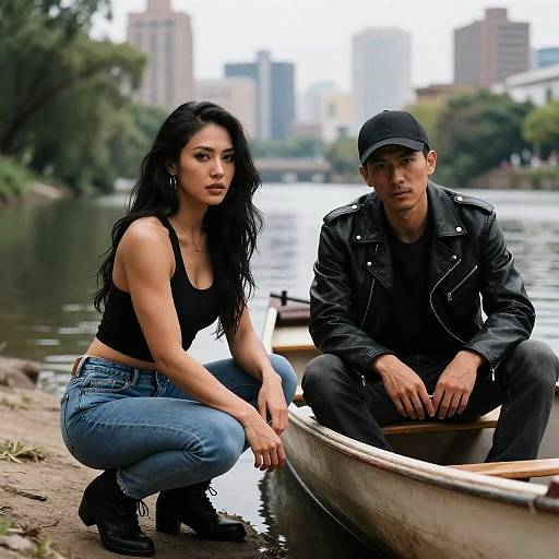 Photograph of a muscular woman with long black hair in a black tank top and jeans, and a man in a black leather jacket and cap, c