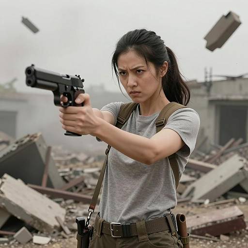 Woman in War-Torn Environment with Gun
