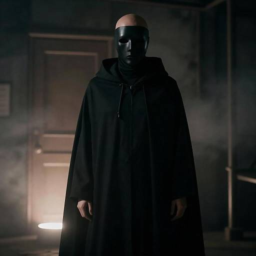 Bald Masked Figure in Industrial Mist