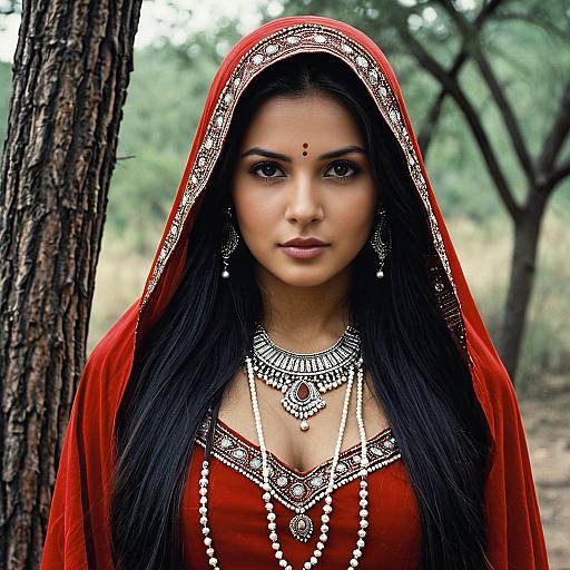 Elegant Solo Girl in Red Indian Dress
