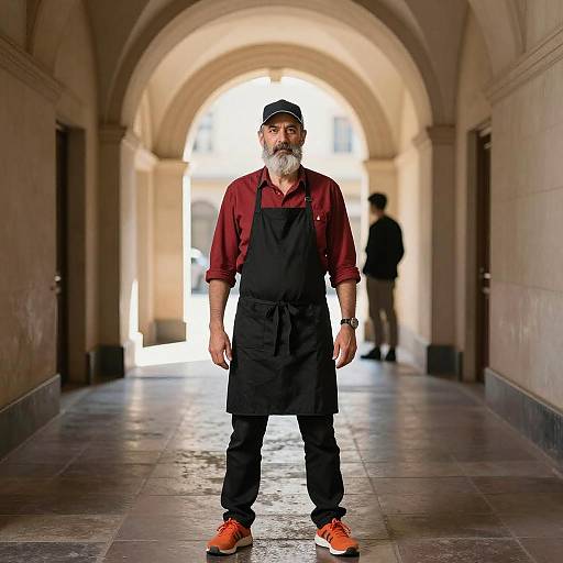 Photograph of a bearded man with white hair, wearing a red shirt, black apron, and orange sneakers, standing in a sunlit ar