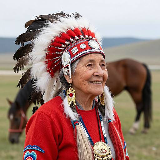 Photograph of an elderly Indigenous woman with wrinkled skin, wearing a red feathered headdress and red shirt, smiling, standing in a grassy