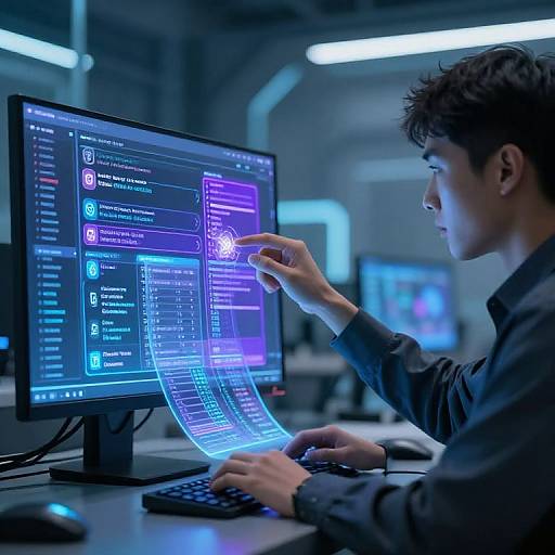 Photograph of a young man in a dark shirt, interacting with a glowing blue and purple computer interface in a futuristic, dimly lit room.