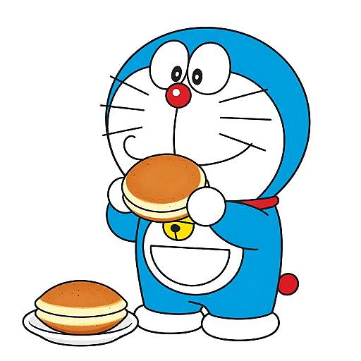 Colorful cartoon of Doraemon, a blue robot cat with a red nose, eating a hamburger while another sits on a plate.