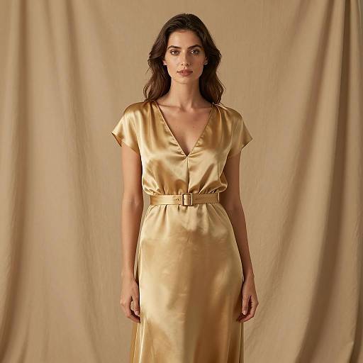 Woman in Gold Silk Maxi Dress