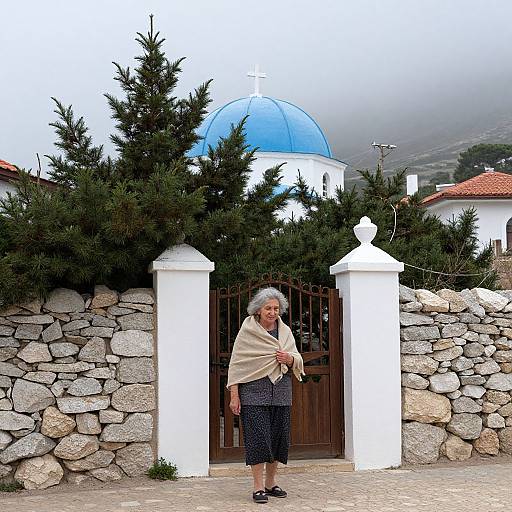 Photograph of an elderly woman with gray hair, wearing a beige shawl and black dress, standing in front of a white stone gate with blue-dom