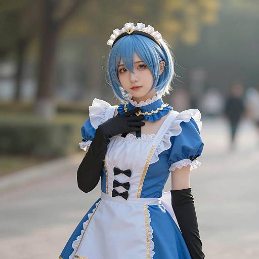 Young Woman in Blue Alice Costume Outdoors