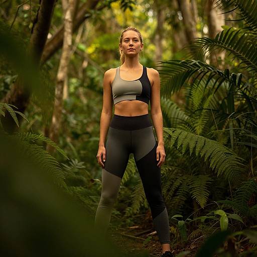 Photograph of a fit, blonde woman with braided hair, wearing a gray sports bra and black-gray patterned leggings, standing in a lush,