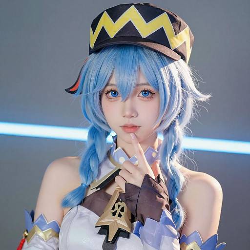 Cosplay Portrait with Blue Hair and Zigzag Hat