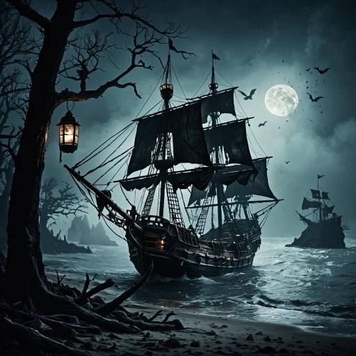 Mysterious Pirate Ship in Foggy Bay Mysterious Pirate Ship in Foggy Bay