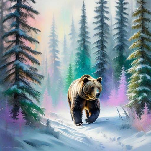 Impressionistic Grizzly Bear in Snowy Forest