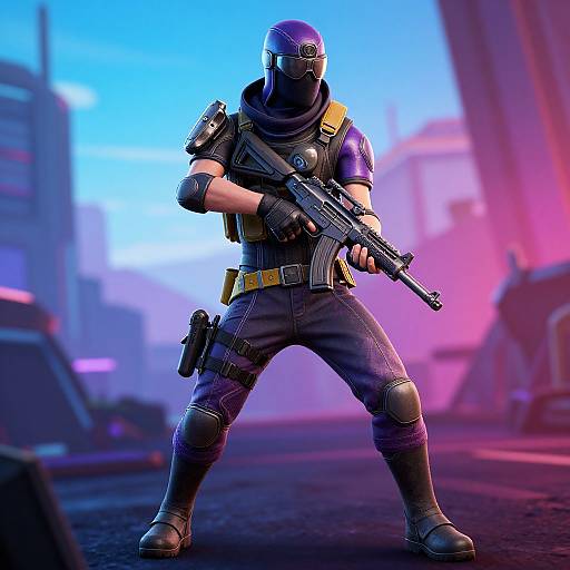 Digital CGI image of a masked, armored soldier in a dynamic pose, holding a rifle, with blue and pink neon lighting. Urban background.