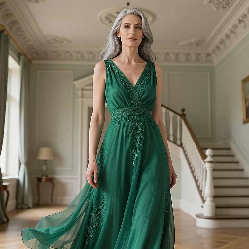 Photograph of a silver-haired woman in a green, sleeveless, V-neck evening gown, standing in an elegant, sunlit, Victorian-style room
