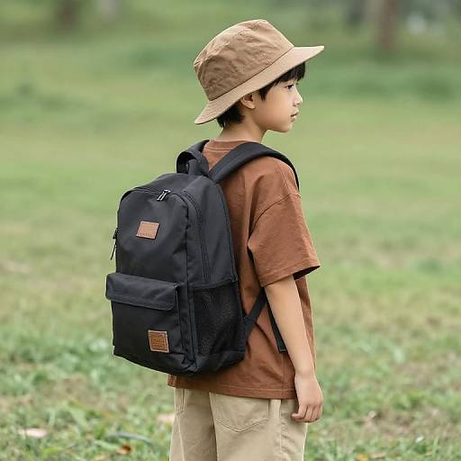 Boy with Backpack in Brown Outfit