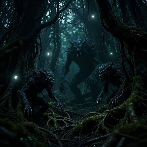 Dark forest at night, illuminated by glowing orbs. Three monstrous, shadowy creatures with sharp teeth and claws surround a central, larger creature. Digital artwork